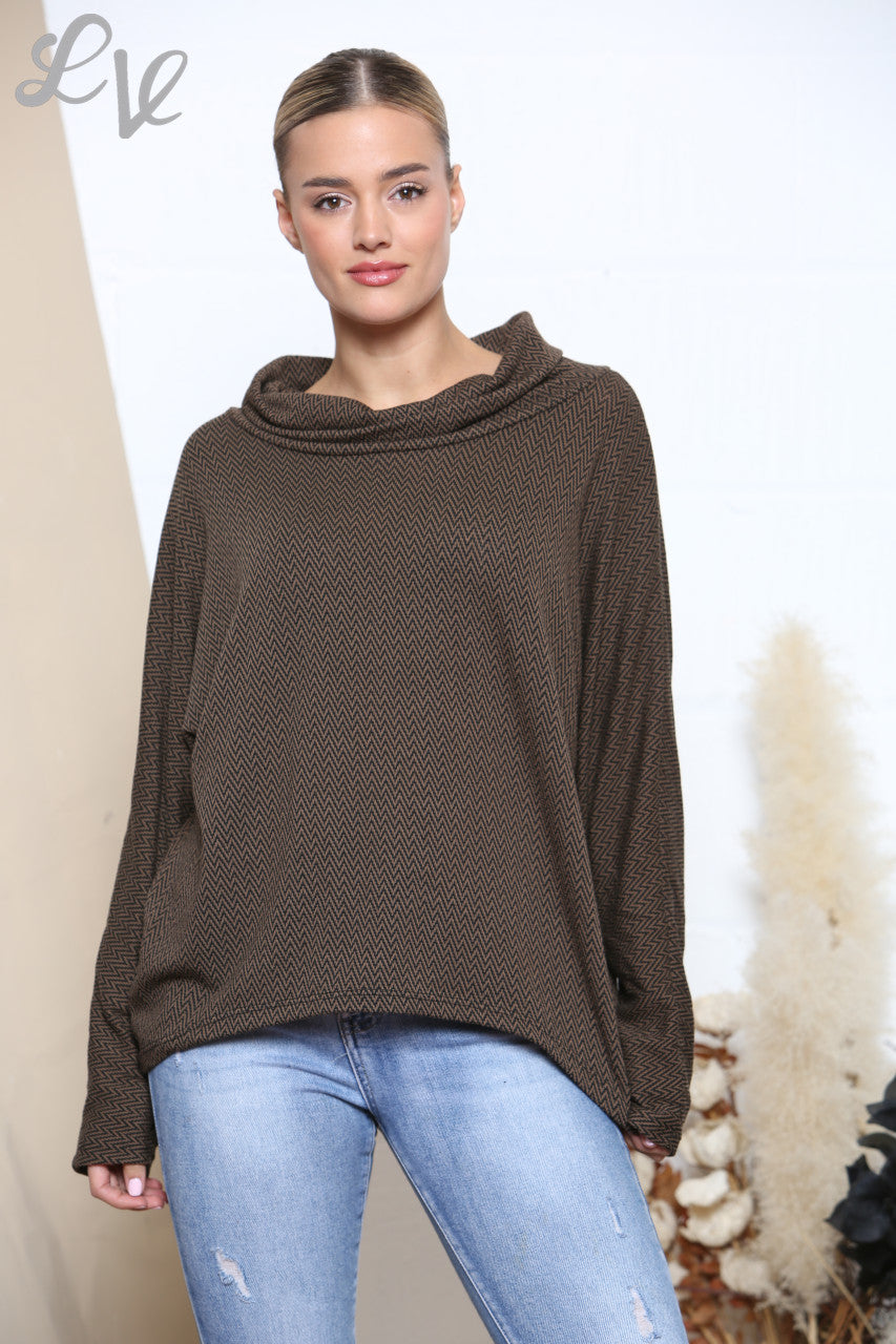 Ladies Cowl Neck Herringbone Print Jumper Brown