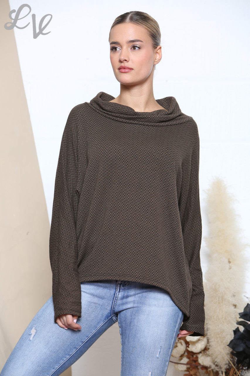 Ladies Cowl Neck Herringbone Print Jumper Brown