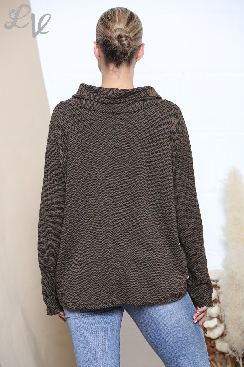 Ladies Cowl Neck Herringbone Print Jumper Brown