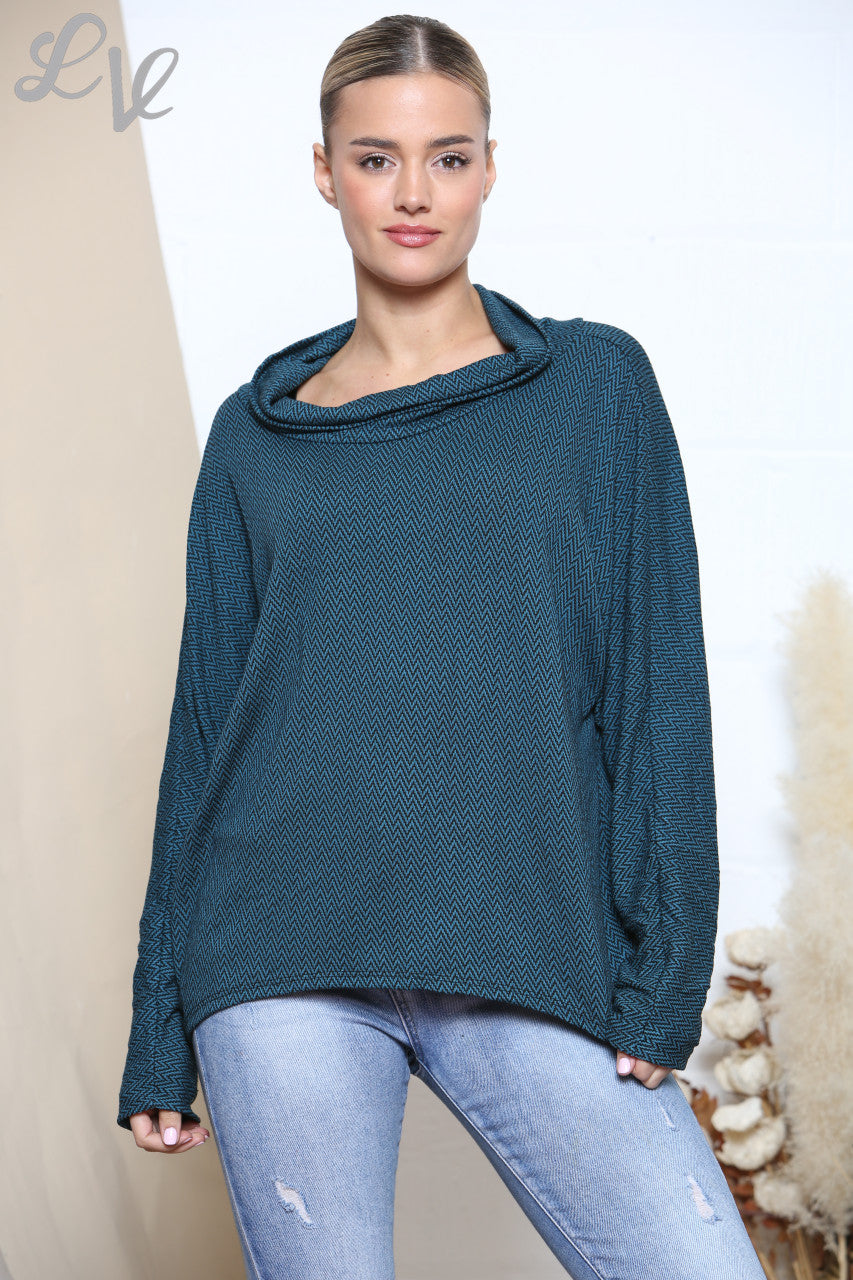 Ladies Cowl Neck Herringbone Print Jumper Teal