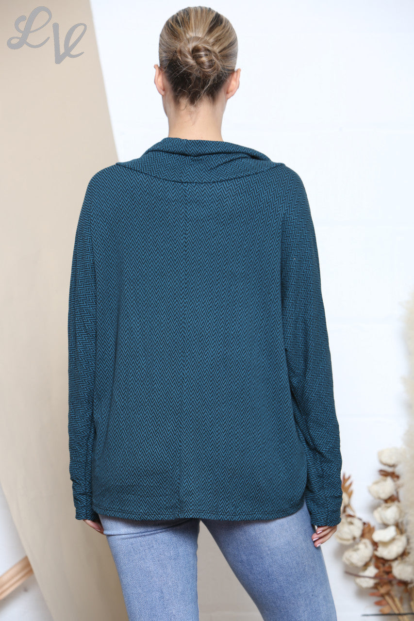 Ladies Cowl Neck Herringbone Print Jumper Teal