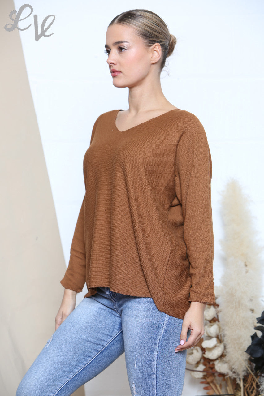 Ladies Plain V-Neck Jumper Top Tan