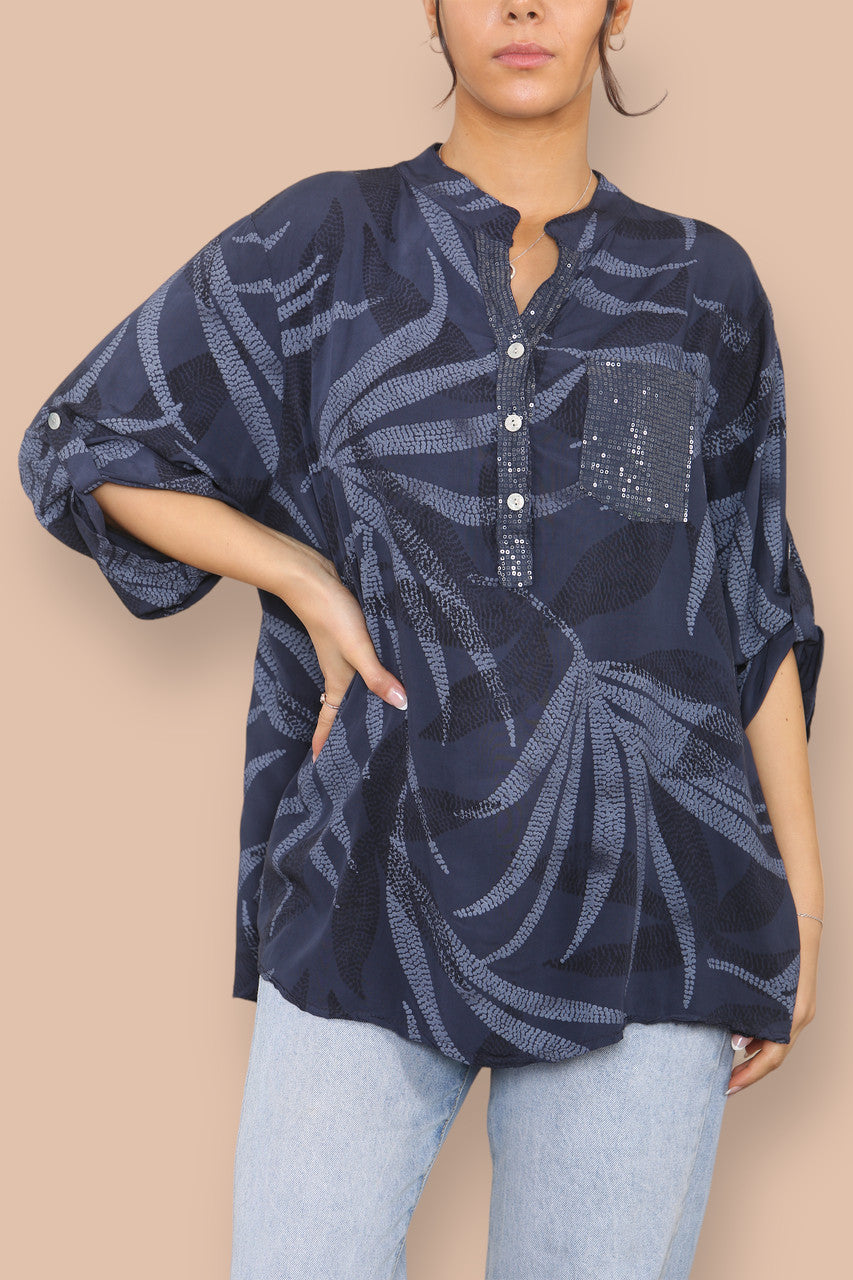 ABSTRACT DOTWORK GRANDAD SHIRT NAVY