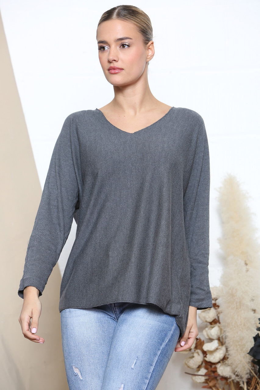 Ladies Plain V-Neck Jumper Top Charcoal