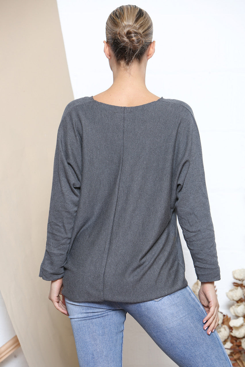 Ladies Plain V-Neck Jumper Top Charcoal