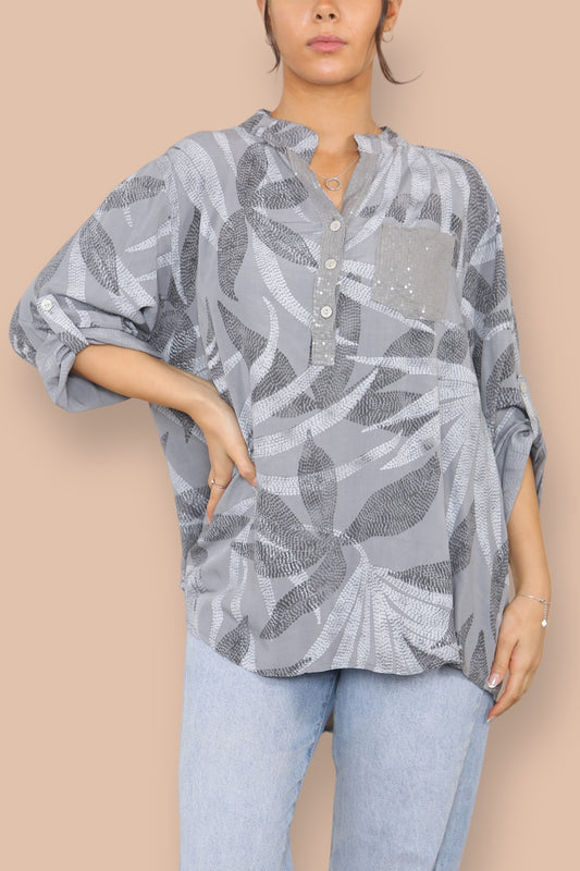 ABSTRACT DOTWORK GRANDAD SHIRT GREY