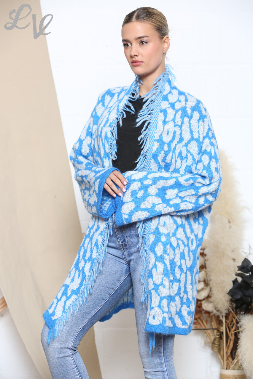 Ladies Slouched Animal Print Knitted Cardigan Turquoise