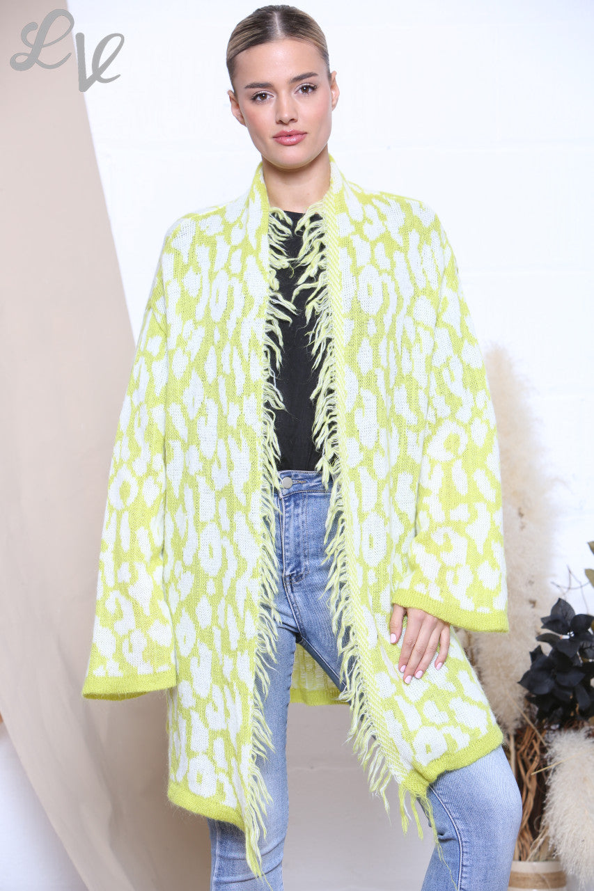Ladies Slouched Animal Print Knitted Cardigan Lime