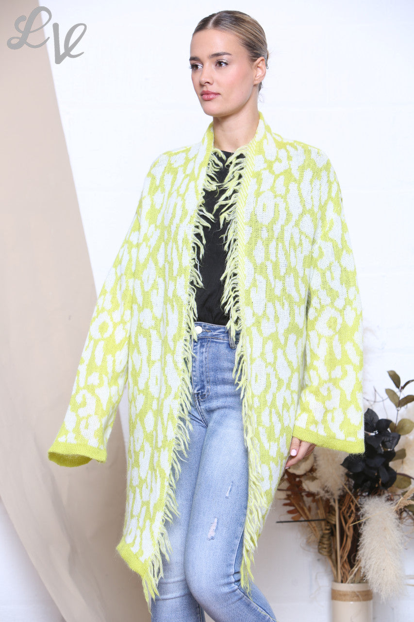 Ladies Slouched Animal Print Knitted Cardigan Lime