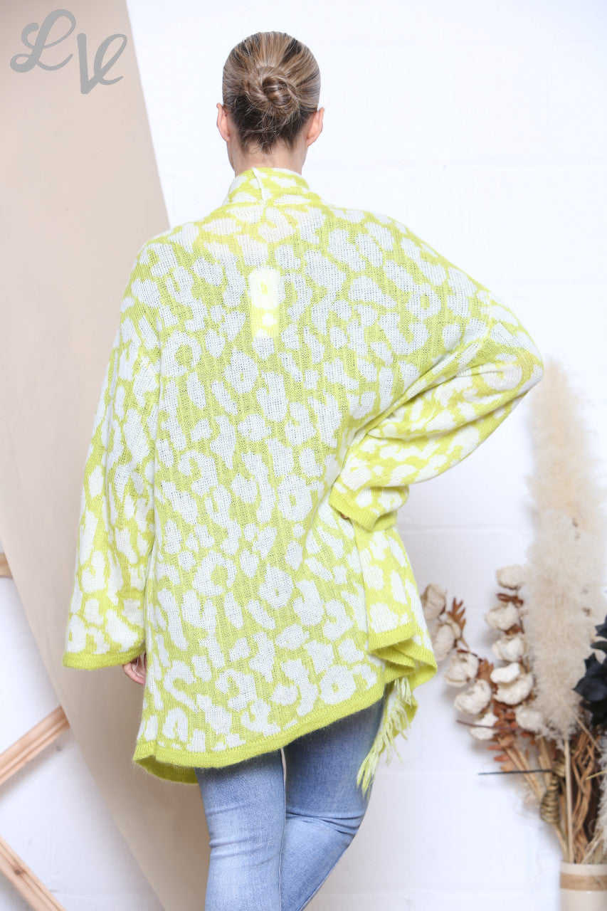 Ladies Slouched Animal Print Knitted Cardigan Lime