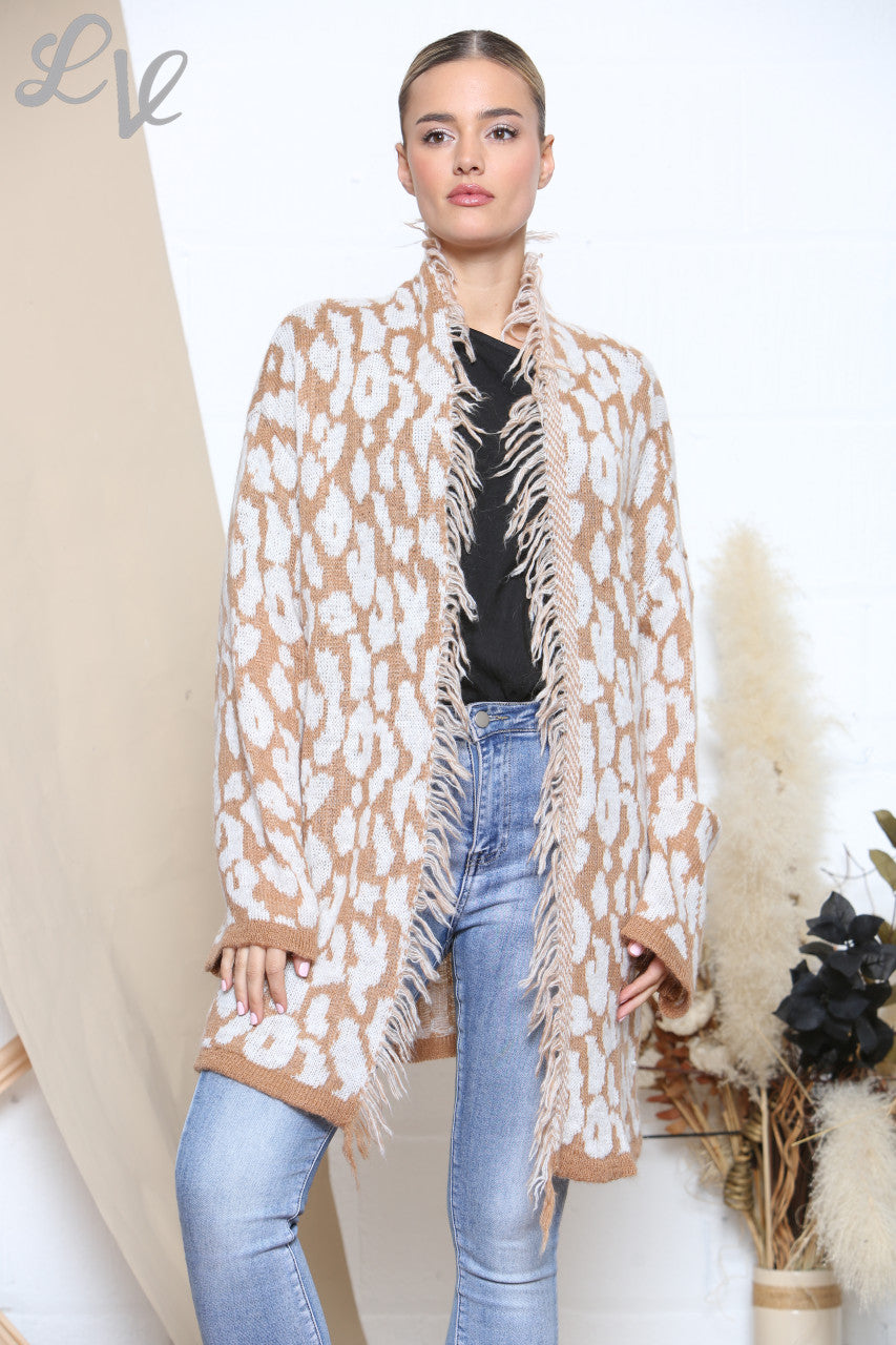 Ladies Slouched Animal Print Knitted Cardigan Tan