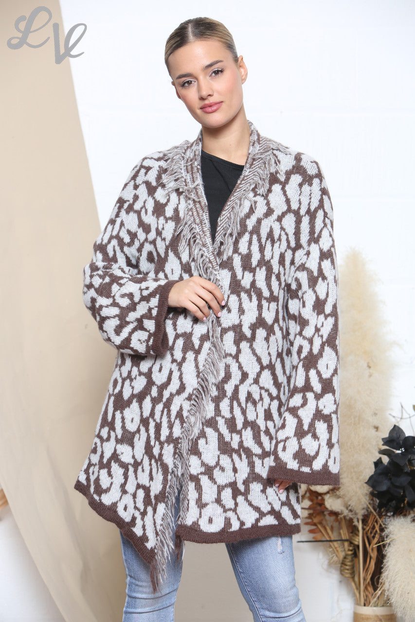 Ladies Slouched Animal Print Knitted Cardigan Brown