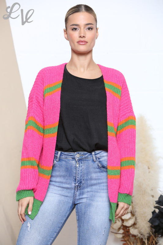 Dames Gebreid Vest met Gekleurde Streepblokken Cerise
