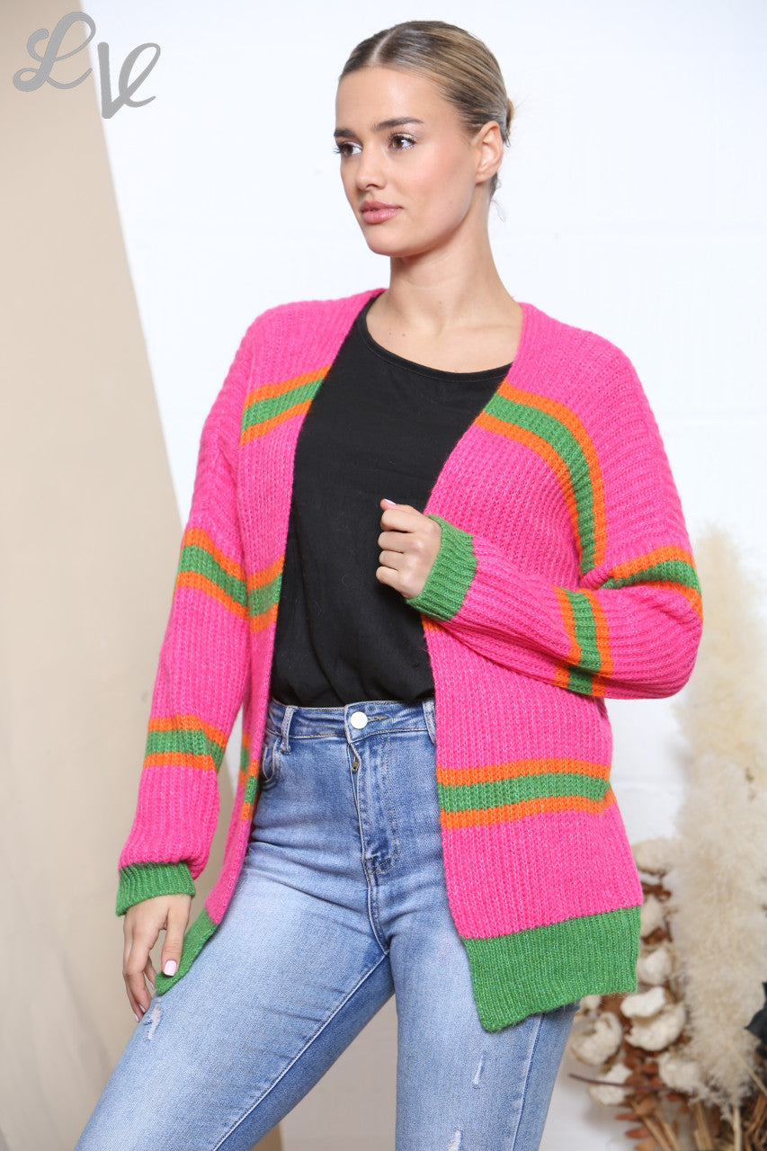 Ladies Colour Stripe Block Knitted Cardigan Cerise