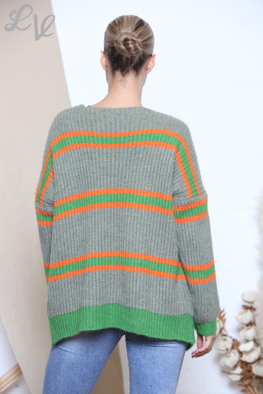 Ladies Colour Stripe Block Knitted Cardigan Khaki
