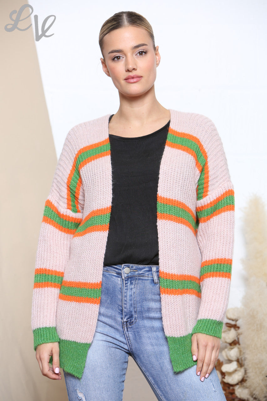Ladies Colour Stripe Block Knitted Cardigan Dusty Pink
