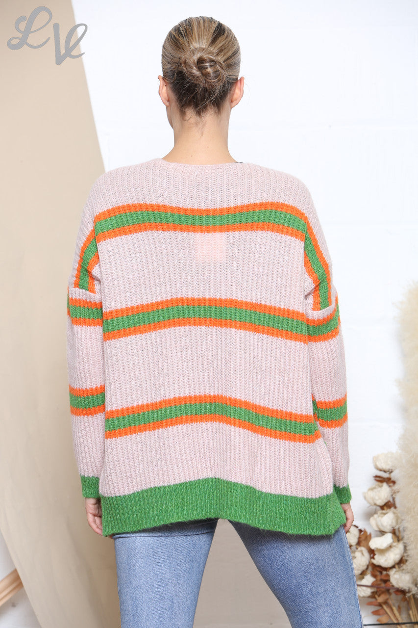 Ladies Colour Stripe Block Knitted Cardigan Dusty Pink