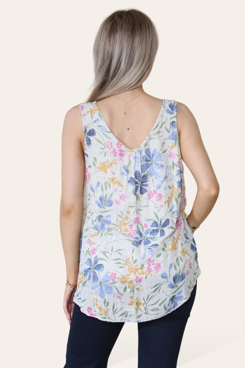 FLORAL DITSY PRINT MOUWLOZE VEST TOP STEEN