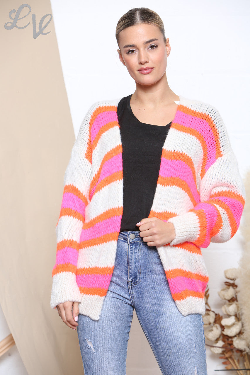 Ladies Slouched Colour Stripes Knitted Cardigan Cerise