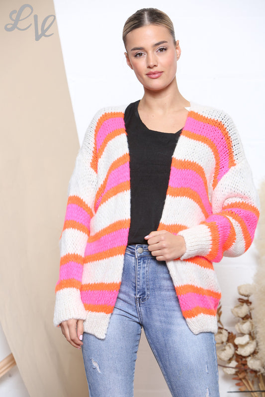 Dames Slouchy Gebreid Vest met Kleurstrepen Cerise