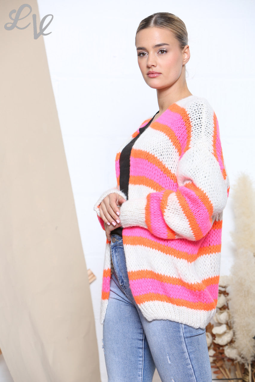 Ladies Slouched Colour Stripes Knitted Cardigan Cerise