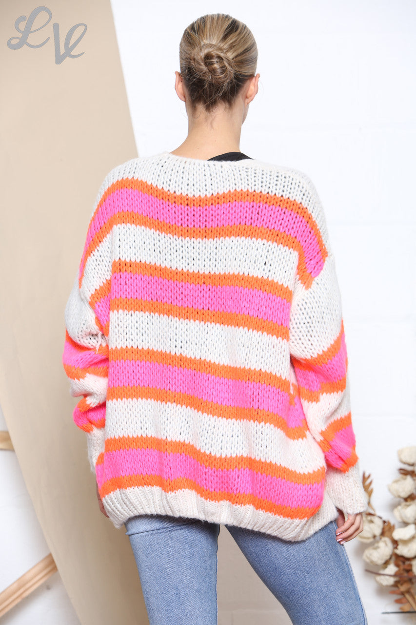 Ladies Slouched Colour Stripes Knitted Cardigan Cerise