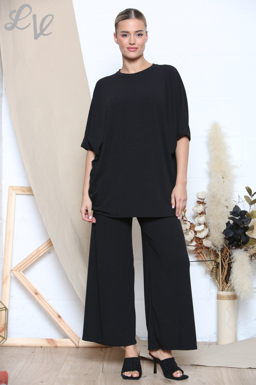 Ladies Ribbed Top & Trouser Set Black