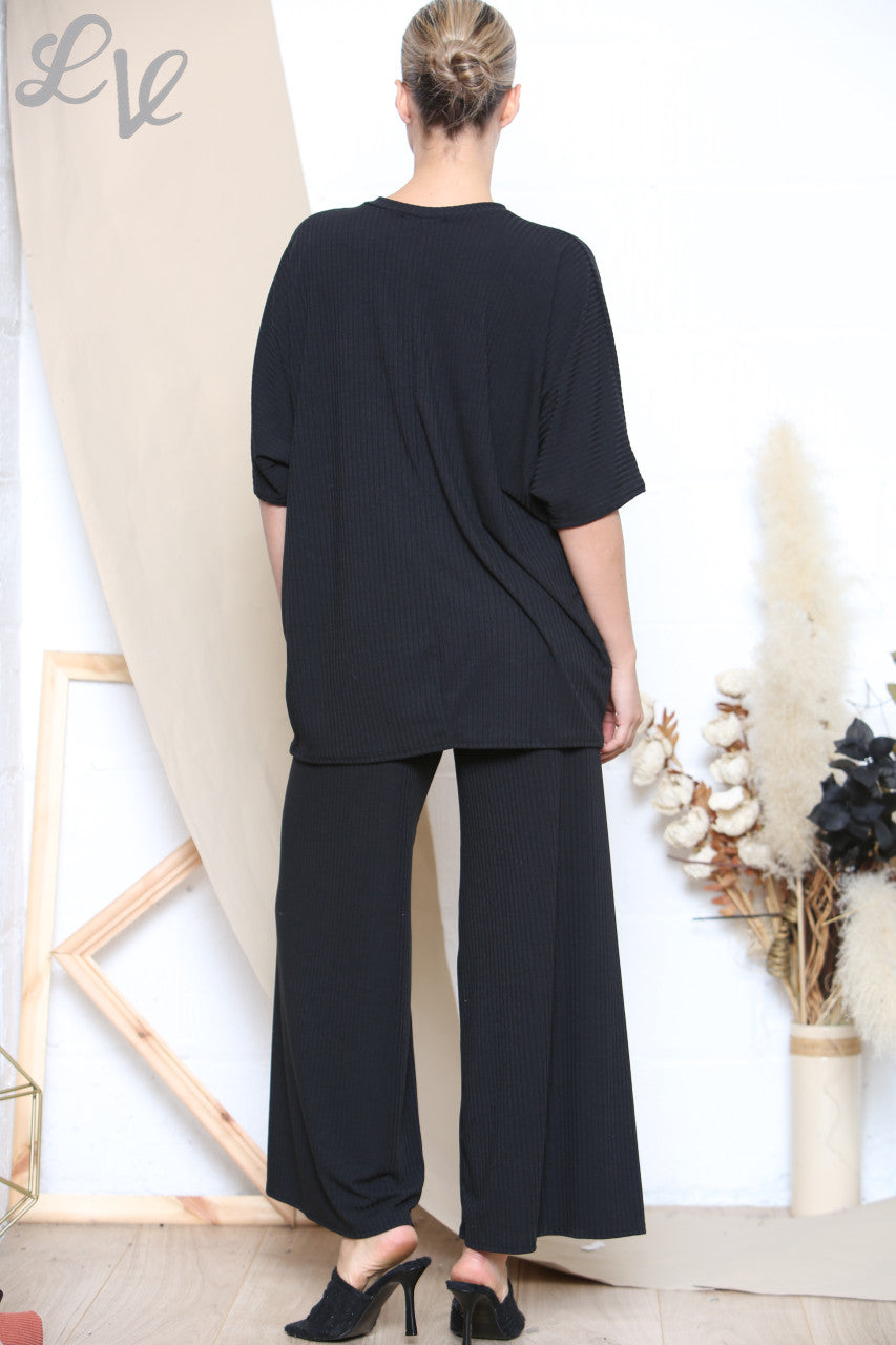 Ladies Ribbed Top & Trouser Set Black