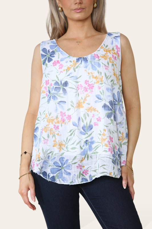 FLORAL DITSY PRINT SLEEVELESS VEST TOP WHITE