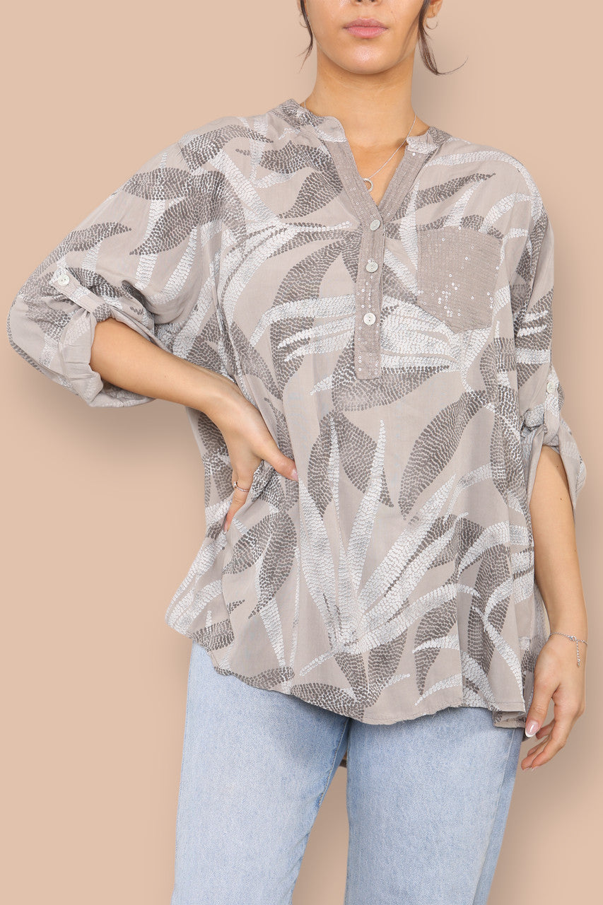 ABSTRACT DOTWORK GRANDAD SHIRT TAUPE