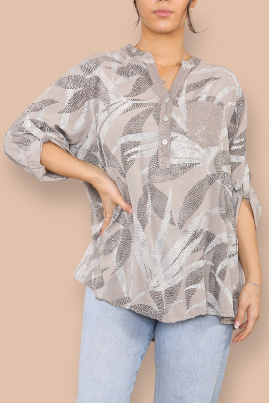 ABSTRACT DOTWORK GRANDAD SHIRT TAUPE