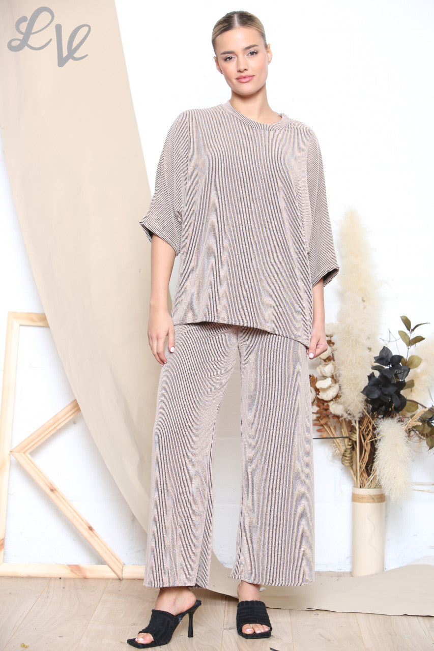 Dames Tweekleurige Geribbelde Top & Broek Set Steen