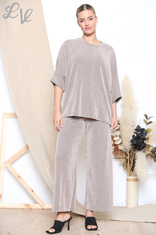 Dames Tweekleurige Geribbelde Top & Broek Set Steen