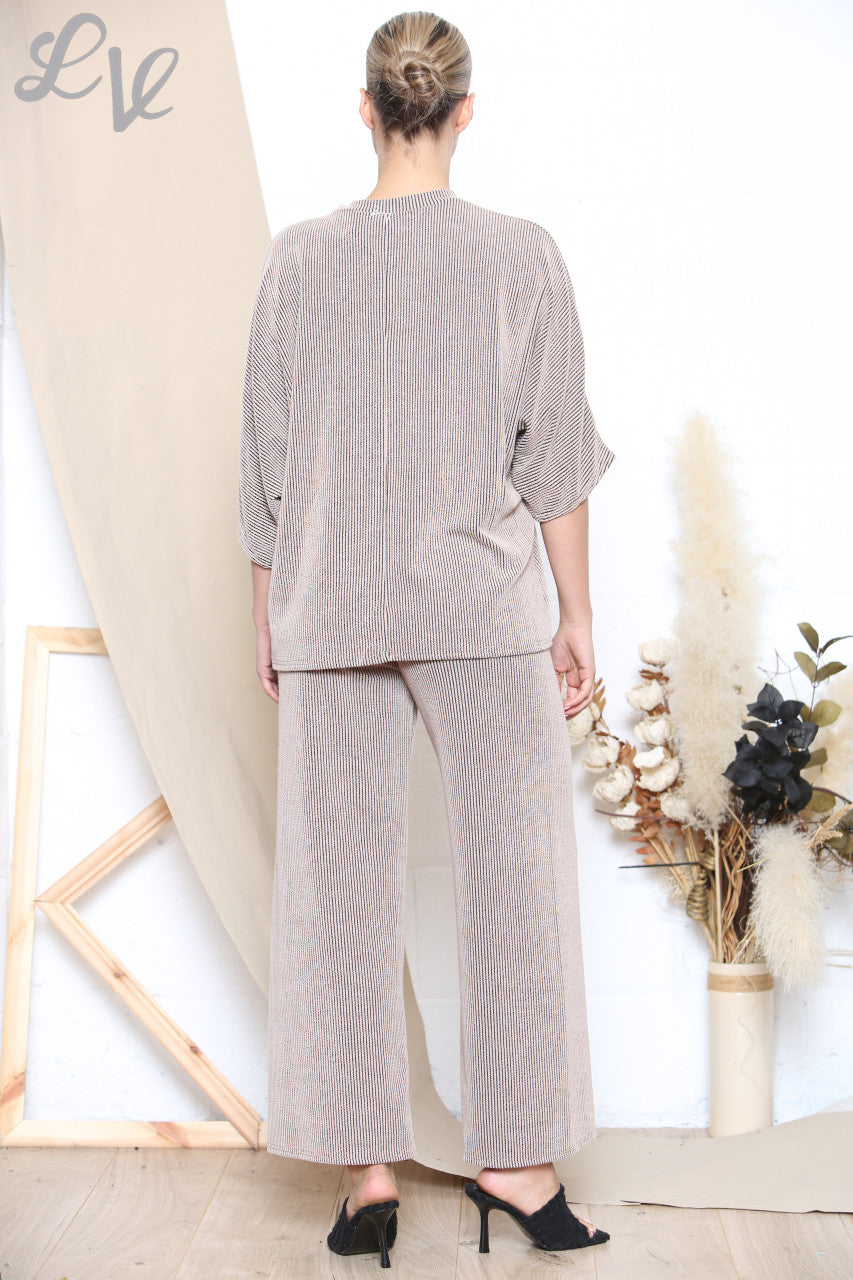 Dames Tweekleurige Geribbelde Top & Broek Set Steen