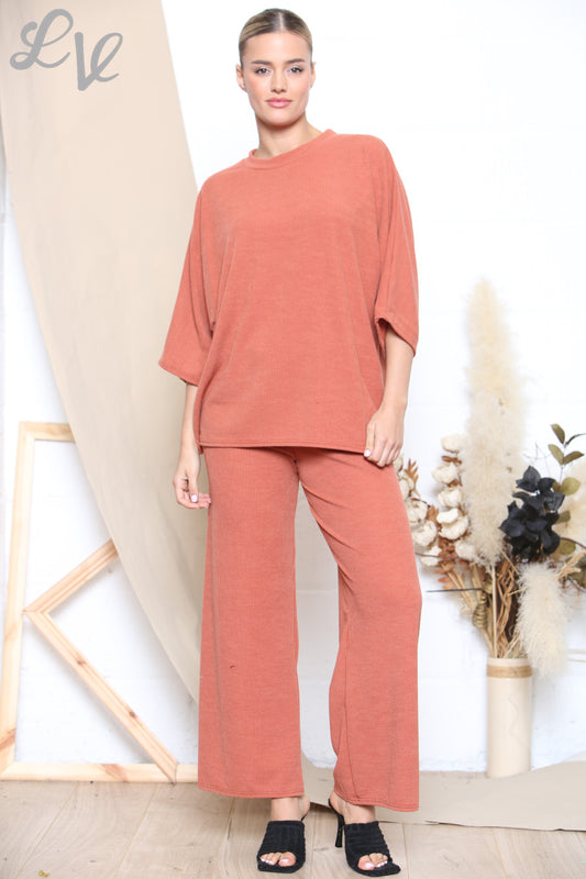 Dames Tweekleurige Geribbelde Top & Broek Set Roest