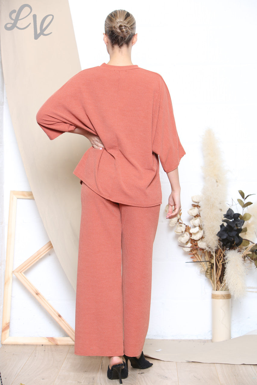 Dames Tweekleurige Geribbelde Top & Broek Set Roest