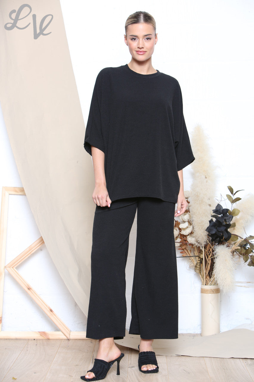 Ladies Two Toned Ribbed Top & Trouser Set Black