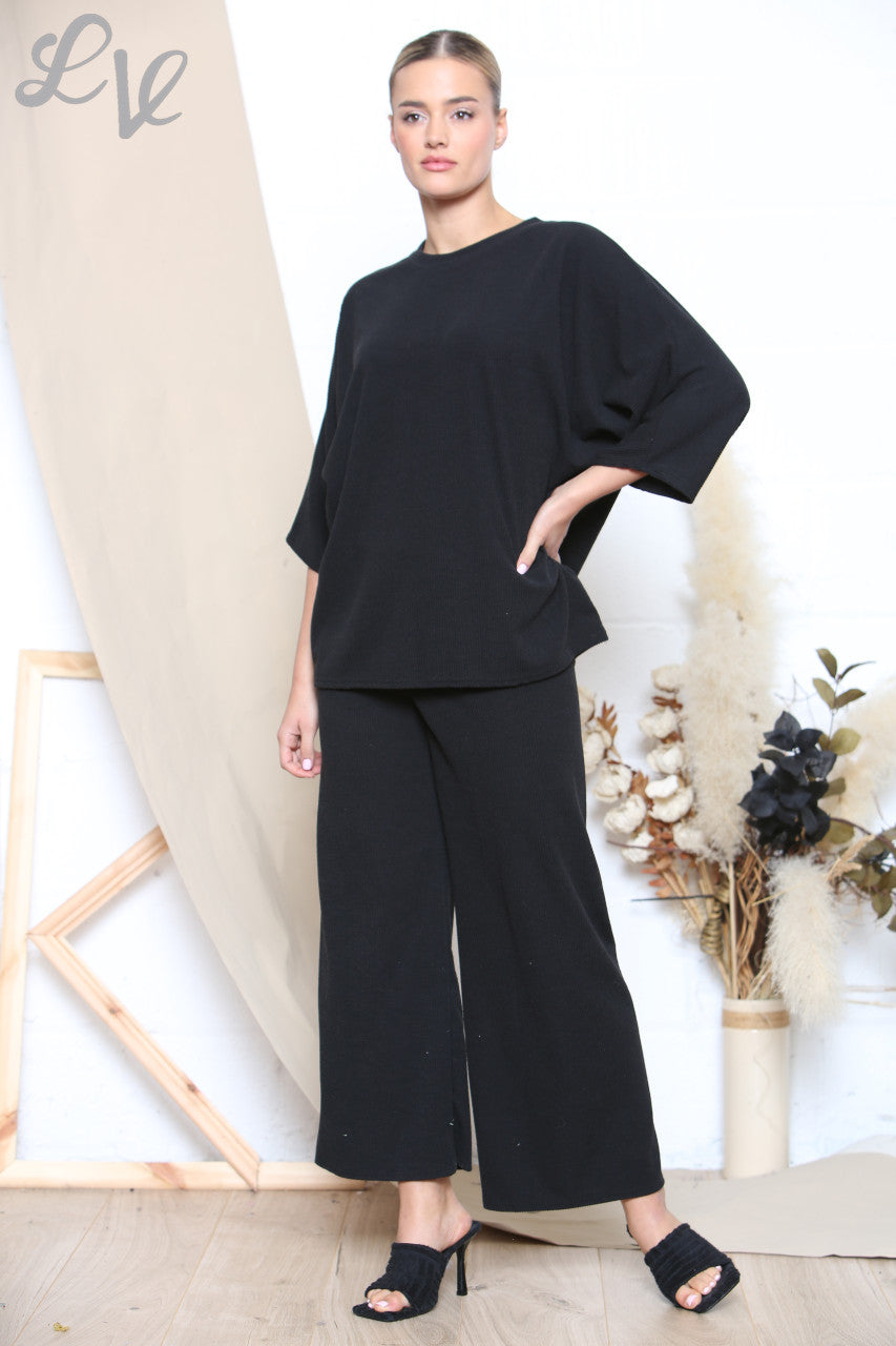 Ladies Two Toned Ribbed Top & Trouser Set Black