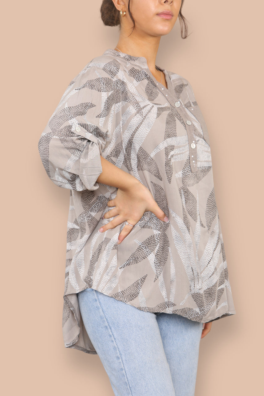 ABSTRACT DOTWORK GRANDAD SHIRT TAUPE
