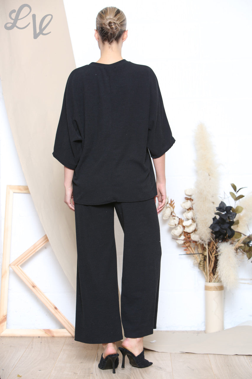 Ladies Two Toned Ribbed Top & Trouser Set Black