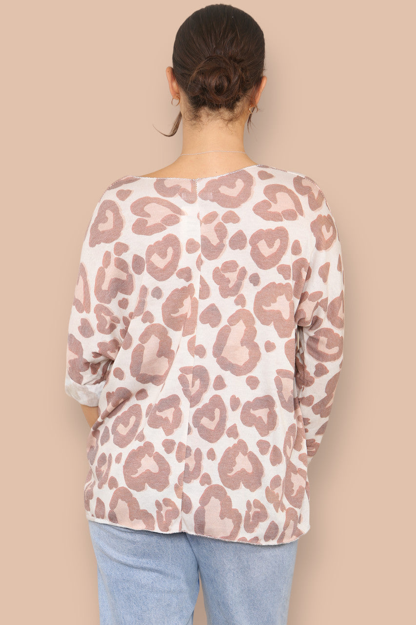 LEOPARD PRINT V-NECK FINE KNIT TOP BROWN