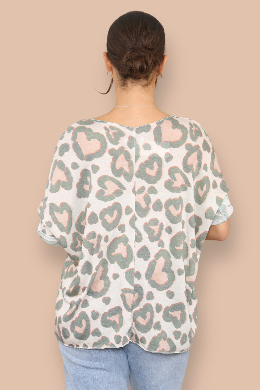 LEOPARD PRINT V-NECK FINE KNIT TOP KHAKI