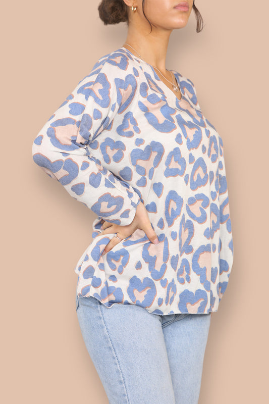 LUIPAARDPRINT TRUI MET V-HALS FIJNGEBREID BLAUW