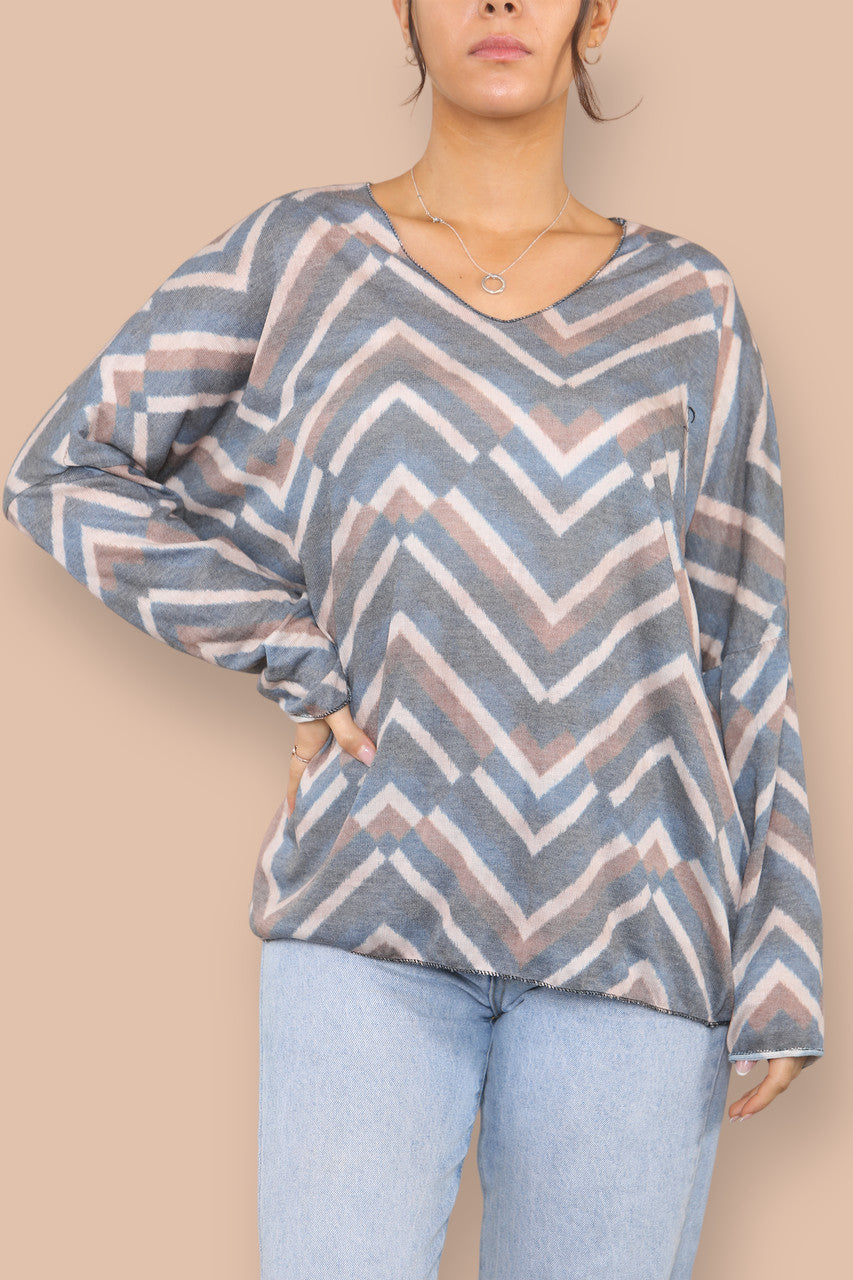 ZIGZAG STREEP FIJNGEBREIDE TOP BLAUW