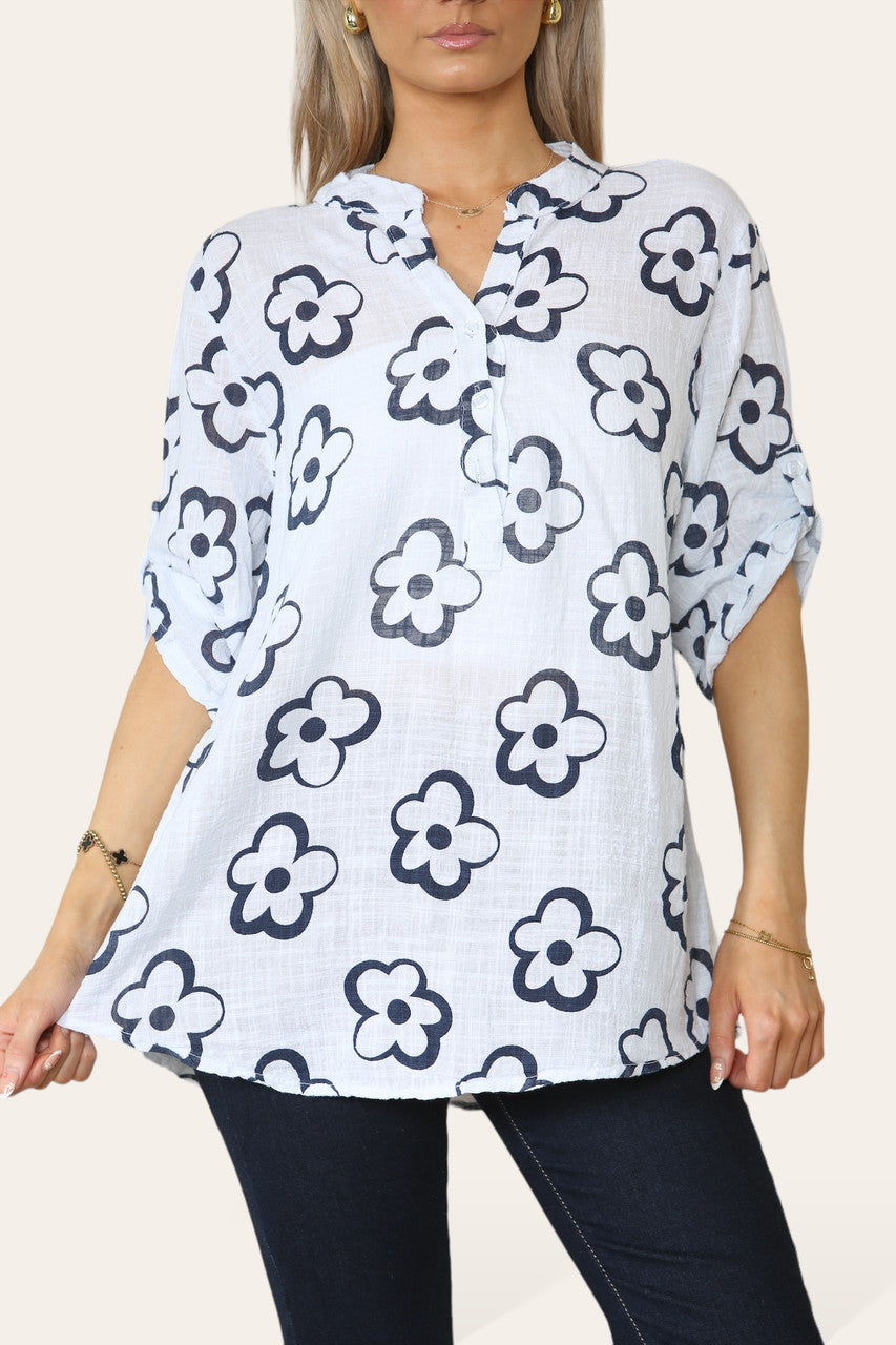 HEMD MET BLOEMENPRINT, GRANDAD KRAAG, WIT