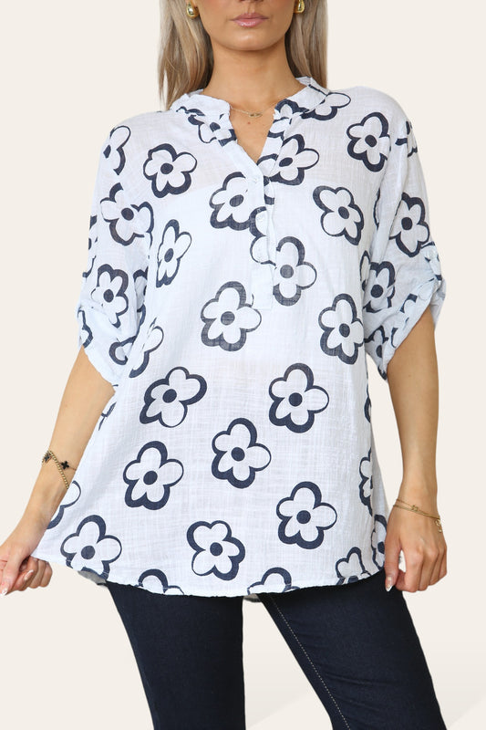 FLORAL STAMP PRINT GRANDAD COLLAR SHIRT TOP WHITE