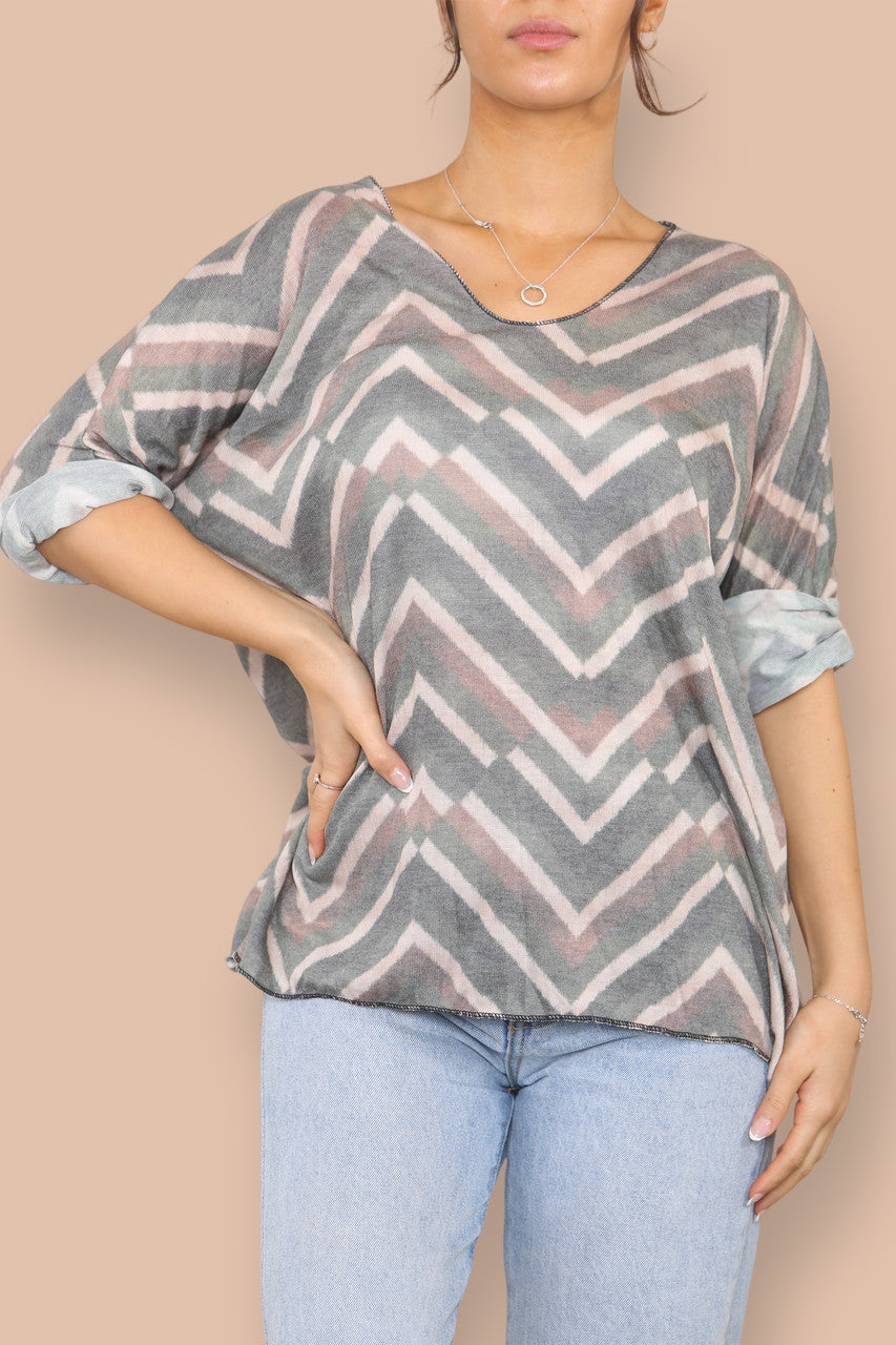 ZIGZAG STRIPE FINE KNIT TOP KHAKI