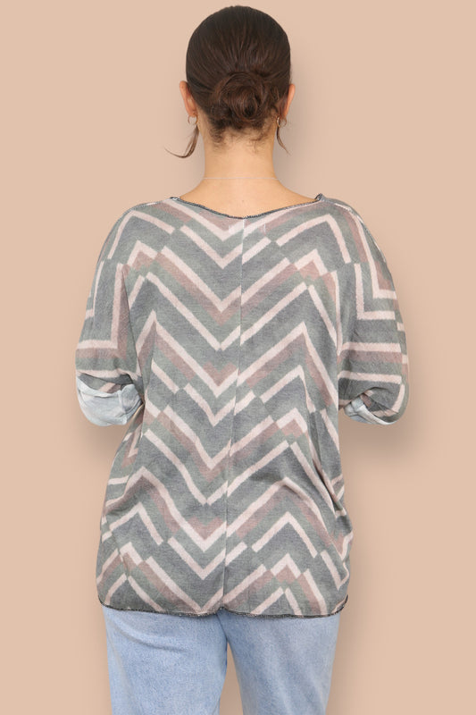 FIJNGEBREIDE TOP MET ZIGZAGSTREEP KHAKI