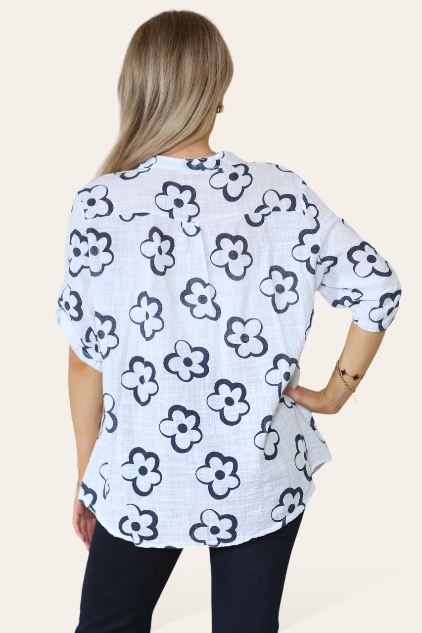 HEMD MET BLOEMENPRINT, GRANDAD KRAAG, WIT