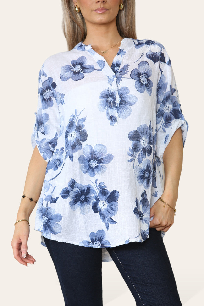 FLORAL PRINT GRANDAD COLLAR SHIRT TOP WHITE